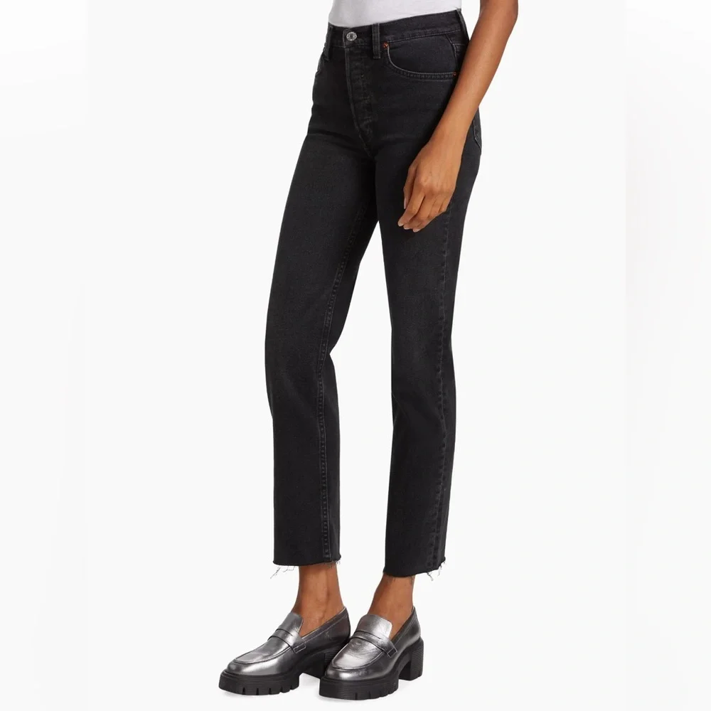 RE/DONE Jeans 70s Ultra High Rise Stove Pipe Black Denim Women Size 26 $265 NWT